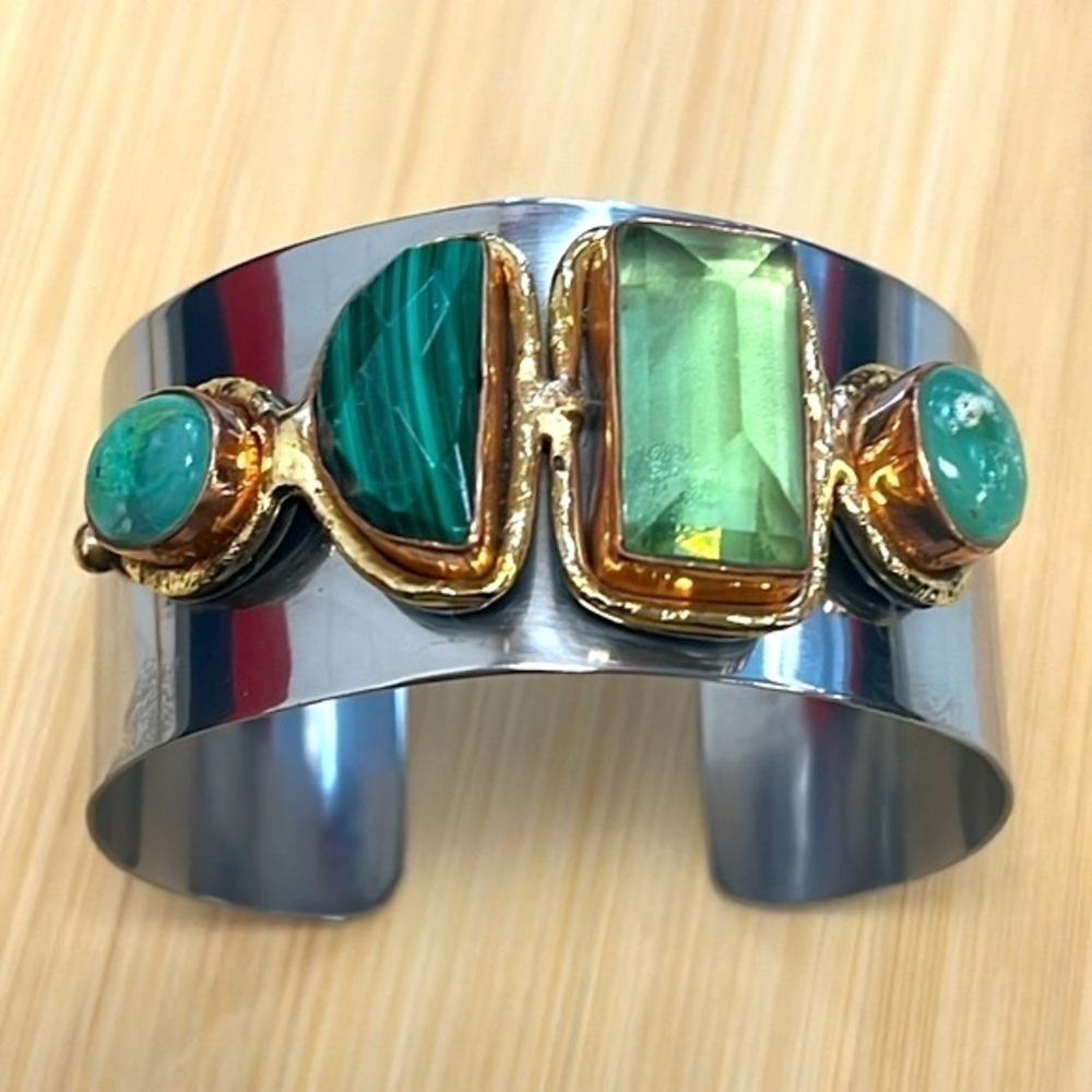 Handmade Silver Tone Adjustable Wide Cuff Bracelet Green Gemstone Embellished